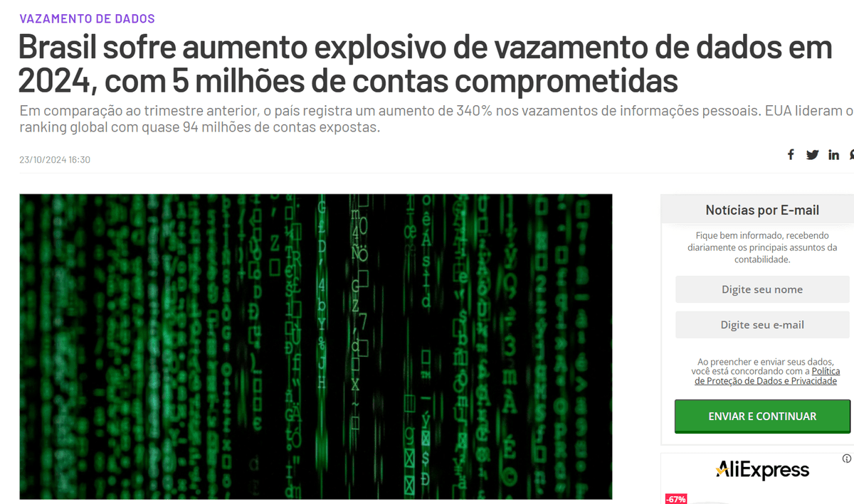 Brasil sofre aumento explosivo de vazamento de dados em 2024, com 5 milhões de contas comprometidas