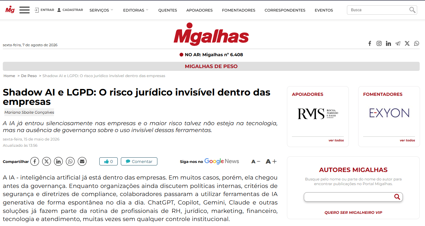 Notícia: Shadow AI e LGPD: o risco jurídico invisível dentro das empresas